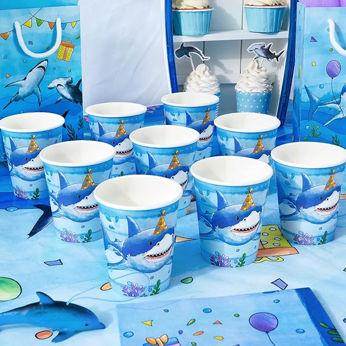WERNNSAI Shark Birthday Party Decorations - 64PCS Under The Sea Birthday Decorations Blue Ocean Plates Cups Napkins Tableware for Kids Boys Baby Shower Summer Pool Party Decor Serves 16 Guests