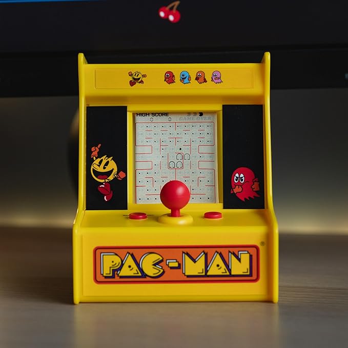 Pac-Man Desktop Arcade – Retro Mini Arcade Game with Classic 8-Bit Gameplay, LCD Screen, Joystick Controls, Battery-Powered, Officially Licensed Pac-Man Merchandise by Fizz Creations.