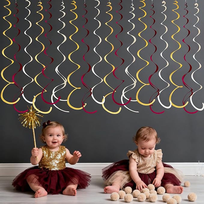 36 Pcs Maroon Gold Hanging Swirl Decorations Glitter Gold Burgundy Beige Felt Swirl Streamer Spiral Ceiling Garland for Birthday Graduation Wedding Baby Shower Retirement Anniversary Garnet Party