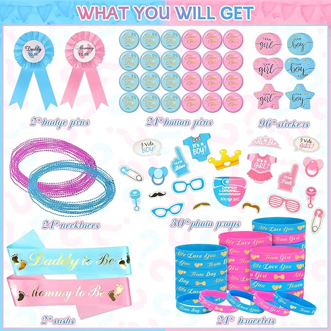 Bluegogo 202 Pcs Baby Gender Reveal Party Supplies Favors Boy or Girl, Gender Reveal Ideas Gender Reveal Games Supplies, Baby Gender Reveal Bracelets, Team Boy Girl Button Pins
