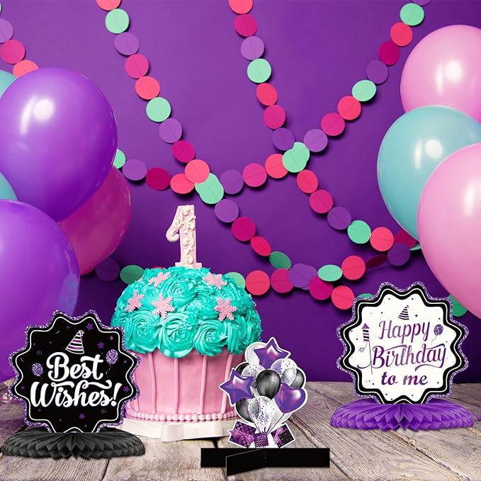 Clabby 12 Pcs Purple Black Birthday Decorations Purple Happy Birthday Table Centerpieces Honeycomb Cute Table Top for Women Men Photo Best Wishes Anniversary Party Supplies 20th 30th 40th 50th 60th