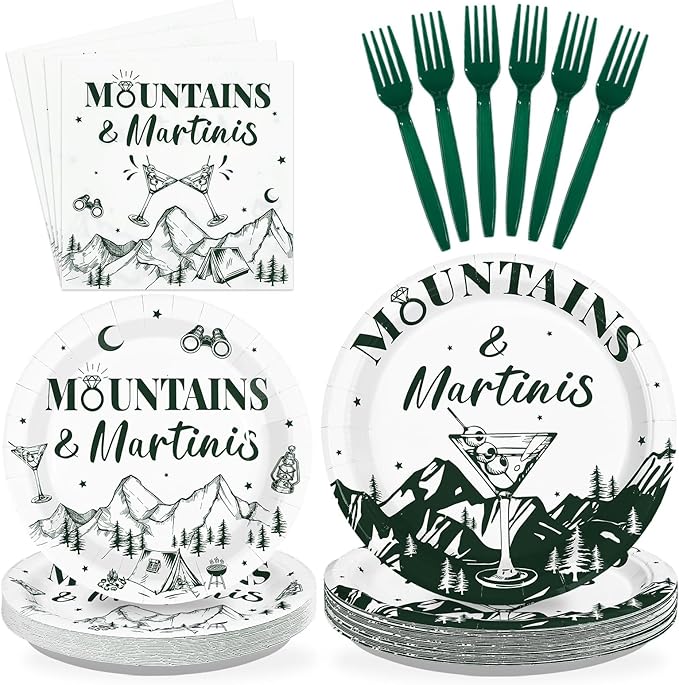 96Pcs Camp Bachelorette Decorations Green Tiny Bit Bridal Shower Plates and Napkins Mountains and Martinis Tableware Set for Camp Cocktail Wedding Engagement Bachelorette Party Supplies, Serves 24