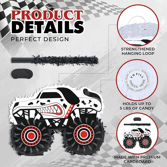 Monster Truck Dalmatian Pinatas Bundle with a Blindfold and a Bat (16 x 13 x 4 Inches), Perfect for Boys Birthday Parties, Dog Truck Decorations games
