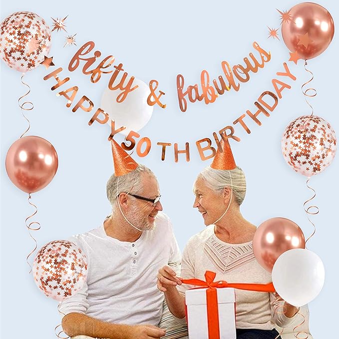 Rose Gold Fifty & Fabulous Happy 50th Birthday Banner Garland Foil Balloon 50 for Womens 50th Birthday Decorations Hanging 50 and Fabulous Cheers to 50 Years Old Birthday Party Supplies Backdrop