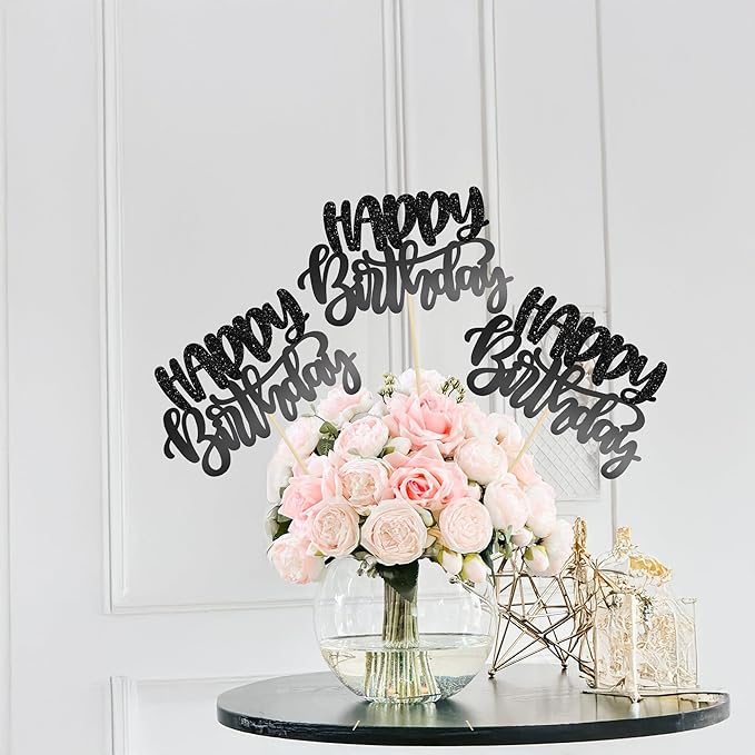 Gyufise 12Pcs Happy Birthday Centerpieces Sticks Double Sided Glitter Birthday Party Decorations Anniversary Table Flower Centerpiece for Celebrating Party Supplies Light Black