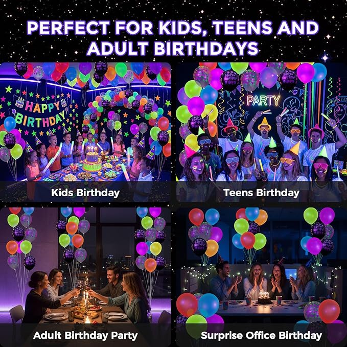 LovesTown 66PCS Glow Balloons Assortment, 12" UV Neon Latex Decorations Happy Birthday Fluorescent Balloons for Birthday, Wedding & Glow Party Supplies