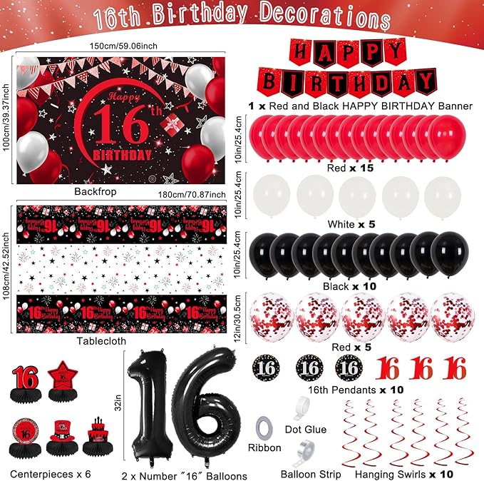 16th Birthday Decorations for Boys Girls Red Black, Sweet 16 Party Decorations with Happy 16th Birthday Banner Backdrop 16 Balloon Numbers Honeycomb Centerpieces Tablecloth 16 Years Old Party Supplies