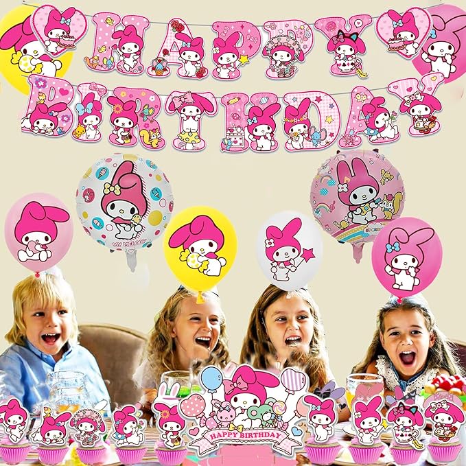 Melody Birthday Party Decorations, Kawaii Cartoon Party Supplies with Banner, Cupcake Cake Toppers and Foil Balloons Party Favors for Fans Birthday Background Decorations