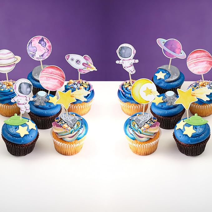 Ephlyn 36Pcs Space Astronaut Cupcake Toppers Space Girl Moon Star Rocket Planet Cupcake Toppers Earth Planet Cupcake Picks Space Theme Gender Reveal Birthday Shower Party Supplies Pink