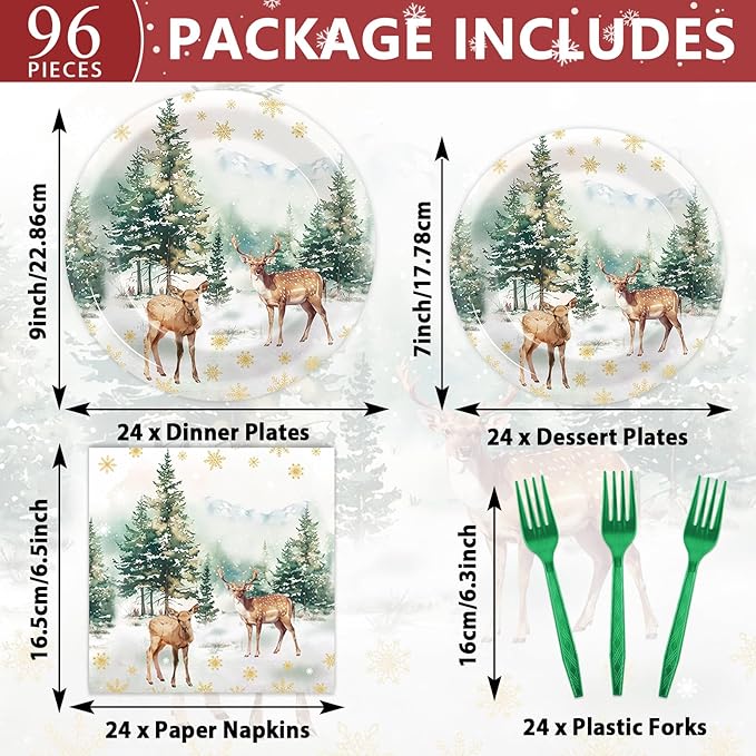 CHUNNIN 96Pcs Christmas Reindeer Paper Plates and Napkins Watercolor Deer Snow Pine Trees Snowflakes Party Decorations Winter Woodland Disposable Tableware for Xmas Holiday Birthday Party Supplies