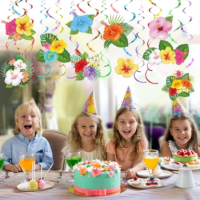 Outus 30 Pieces Hawaiian Luau Birthday Party Hanging Swirl Decorations, Flower Tropical Palm Flamingo Sign Foil Ceiling Decor for Floral Tropical Party Summer Beach Pool Tiki Supplies(Flower)