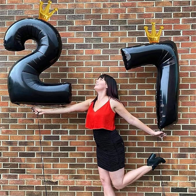 40 Inch 2nd Birthday Balloon Number, Crown Black Foil Giant Number Balloons 0-9 Set, Self Inflating Balloons for Kids Girls Boys 20th Birthday Party Decor Anniversary Party Decoration Supplies