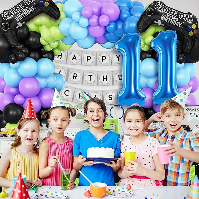 11th Birthday Video Game Balloons Arch, 11th Game Party Balloons Garland Kit 11th Game Birthday Supplies with Blue Number 11 Balloon Game Foil Balloons for 11 Year Old Teens Boys Birthday Decor