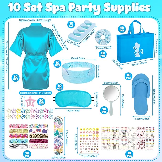 122 Pcs Blue Girls Spa Party Kit, 10-Pack Slumber Party Favors with Satin Robes, Tote Bags, and Nail Salon Accessories for Kids Spa Birthday, Halloween, Home Party Supplies