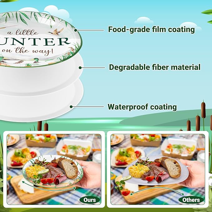 Mallard Duck Birthday Party Supplies - 96Pcs A Little Hunter is on the Way Plates Napkins Forks Tableware Set, Disposable Paper Plates Party Decoration for Birthday Baby Shower Table Decor, Serve 24