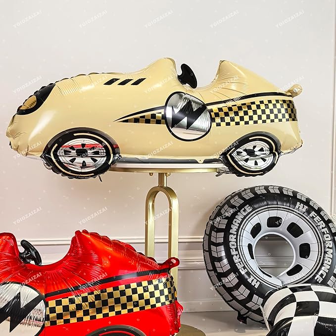 2PCS Self Standing Race Car Tire Foil Balloon Red And Yellow Car Balloon For Birthday Boy Race Themed Party Baby Shower Decorations Supplies