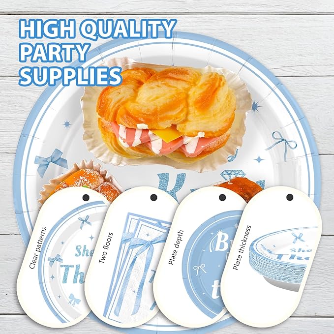 Grencian 96 Pcs Blue Bow Bridal Shower Decorations Blue Bow Bride to Be Party Plates She Tying The Knot Paper Tableware for Bride Groom Bachelorette Party Wedding Engagement Decorations Serves 24