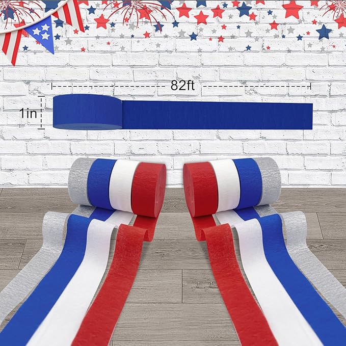 AOYOO Patriotic Crepe Paper Streamers with Tassels - 8 Rolls Red White Blue Decoration Kit for Independence Day, 4th of July, Memorial Day, USA Theme Party Supplies
