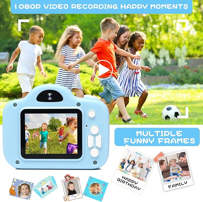 Kids Camera, Christmas Birthday Gifts for Children Age 3-8, HD Digital Video Cameras for Children, Portable Toy for 3 4 5 6 7 8 Year Old Kid with 32GB SD Card and Cute Children's Camera Bag (Blue)