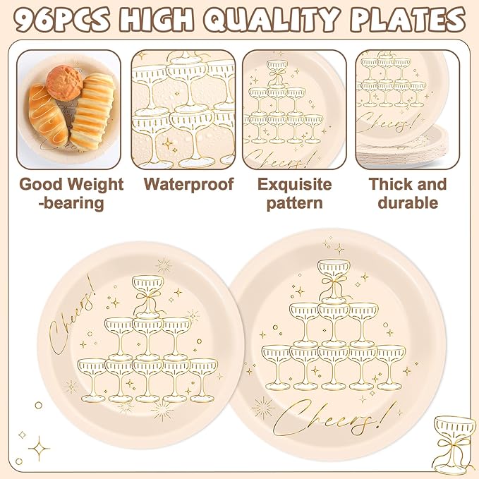 96PCS Champagne Tower Birthday Paper Plates Napkins Bachelorette Party Plates Cheers Champagne Gold Foil Disposable Dinnerware Tableware Sets for Wedding NYE Showers Supplies Decorations