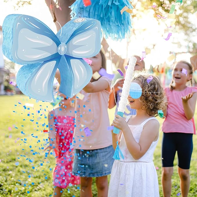 Hooqict Blue Bow Pinata with Blindfold and Bat Stick Frozen Pinata for Birthday Party Games Girls Kids Bow Themed Party Decorations Supplies (Small Size 16"x13"x3")