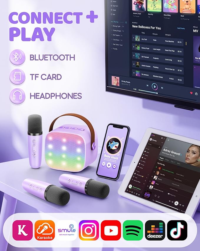 Upgraded Mini Karaoke Machine with 3 Wireless Microphones Toy for Kids, Birthday Gifts for Girls Boys, Portable MP3 Player for Ages 3, 4, 5, 6, 7, 8, 9, 10, 11, 12+ Year Old Family Party (Purple)