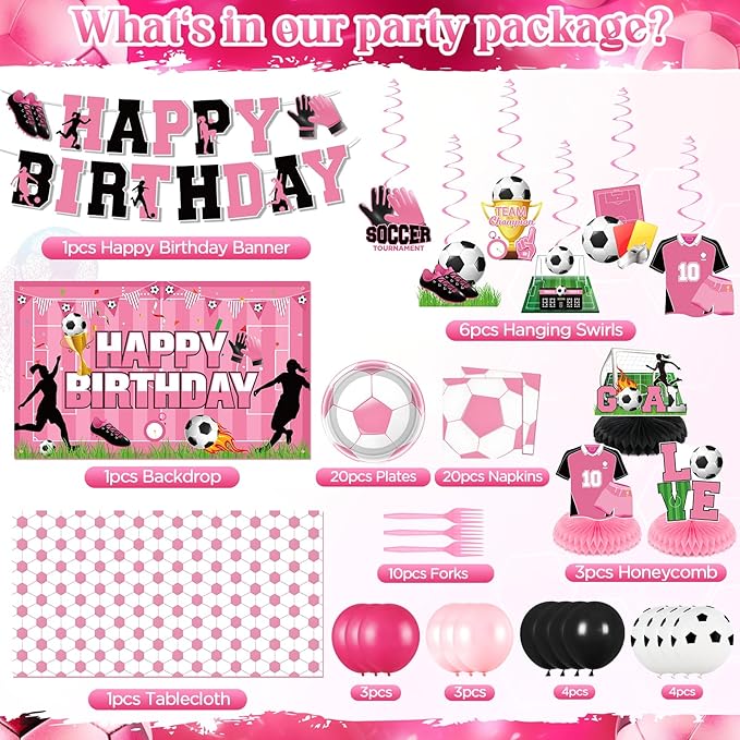 Pink Soccer Decorations for Girls Soccer Happy Birthday Banner Backdrop Balloons Football Plates Napkins Tablecloth Honeycomb Centerpieces Hanging Swirls Decor for Women Sports Party Supplies Serves10