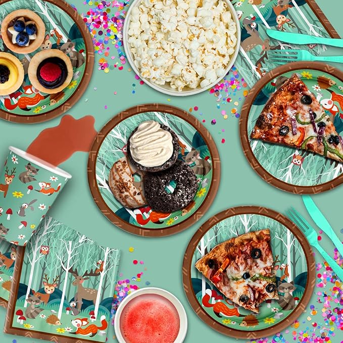 Woodland Animals Birthday Party Supplies Set Plates Napkins Cups Tableware Kit for 16