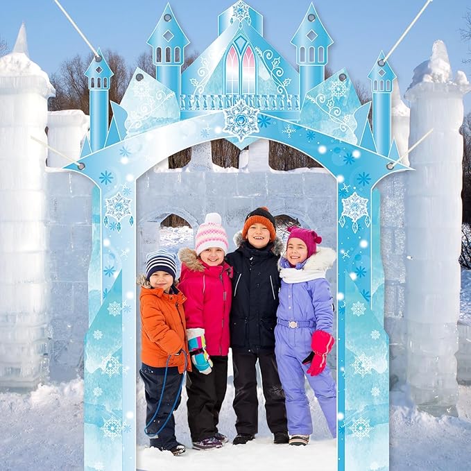 Polyester Fabric 104×70inch Winter Snow Castle Party Door Banner Wonderland Door Decoration Ice Snow Themed Backdrop for Girls Birthday Snowflake Hanging Princess Photo Booth Props Supplies