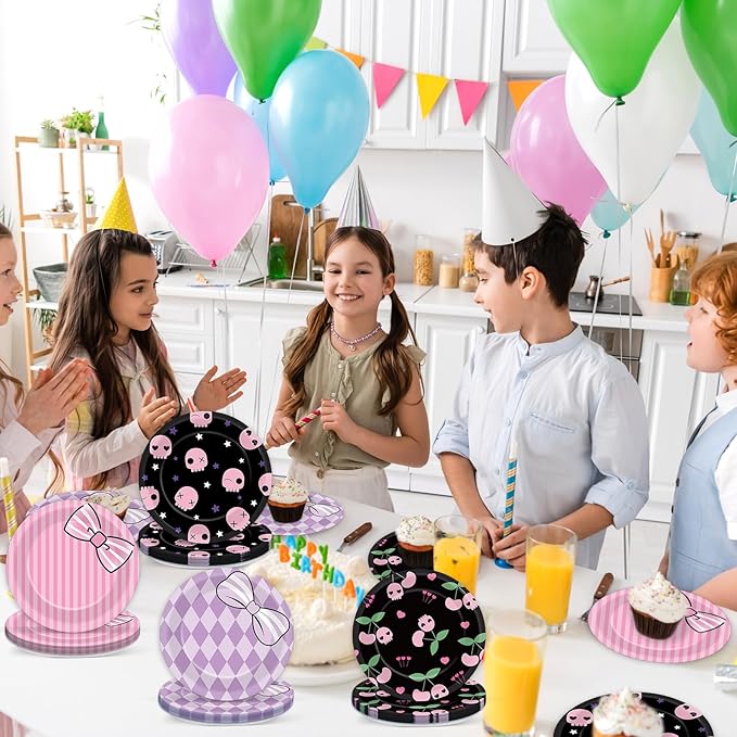 48PCS Kawaii Party Decorations 7" Cute Anime Paper Plates Animations Theme Supplies Cartoon Dessert Tableware Set Adorable Pink Purple Disposable Cake Plates for Kids Baby Shower Birthday Party Favor