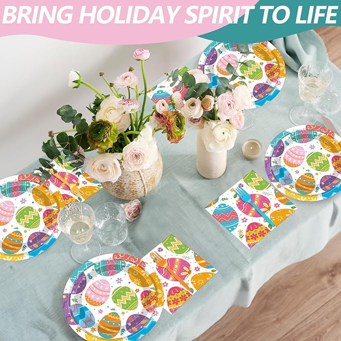 100 Pcs Easter Egg Tableware Party Supplies Set, Serves 25 – Disposable Colorful Eggs Paper Plates, Napkins, and Forks for Spring Celebration, Easter Day Egg Hunt, or Holiday Brunch Decorations