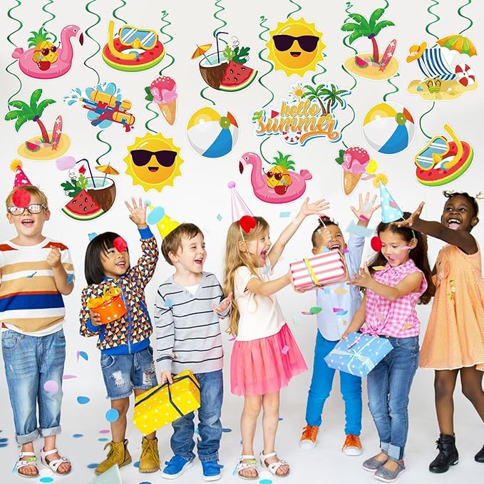 40Pcs Summer Hanging Swirls, Hello Summer Pool Beach Hanging Swirls Summer Hanging Decorations Streamers Foil Ceiling Swirls for Summer Hawaiian Luau Birthday Party Baby Shower Decor