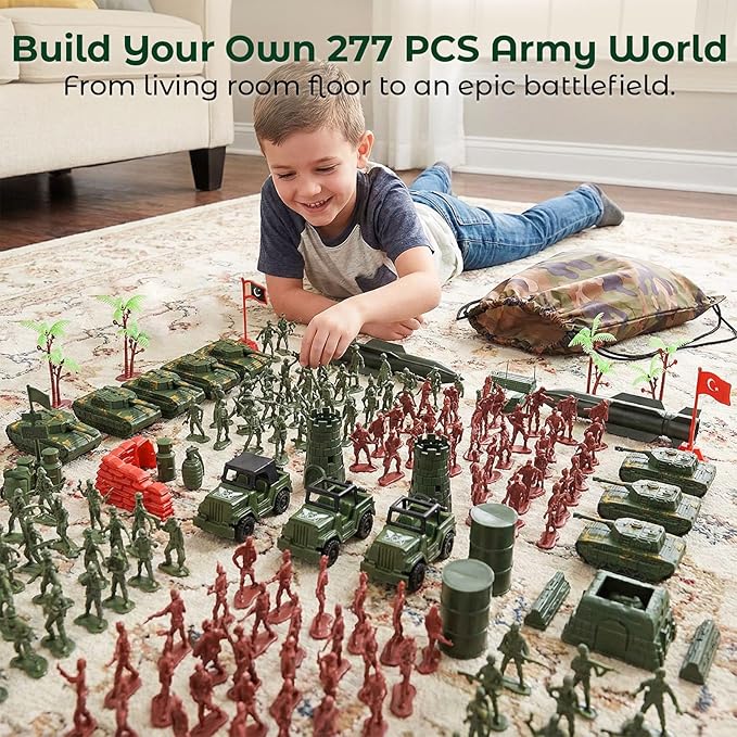 AMOR PRESENT 277 PCS Army Men Military Playset, Army Men Toys for Boys 8-12, Military Soldier Playset Plastic Toy Soldiers Figures and Accessories with Handbag, Christmas Stockings Gift for Kid