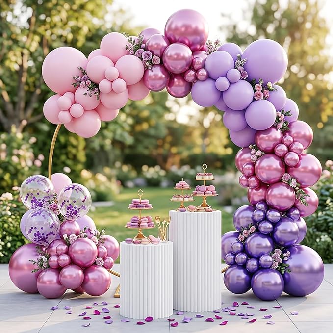 RUBFAC Pink Purple Balloon Garland Arch Kit 129pcs Different Sizes Pack of 18 12 10 5 Inch, Latex Metallic Confetti Lavender Purple Pastel Pink Balloon Garland Arch Kit for Birthday Wedding