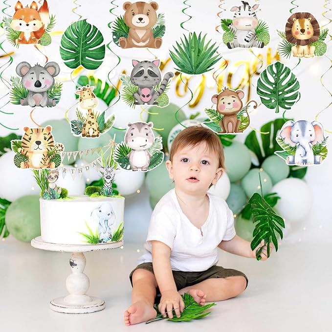 35Pcs Jungle Animals Hanging Swirl Wild One Party Birthday Decor Jungle Safari Animal Themed Wild One Birthday Party Swirls Streamers Supplies for Baby Shower Decorations
