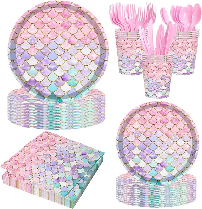 168 Pcs Mermaid Birthday Party Decorations Plates Set for 24 Guests, Little Mermaid Party Supplies Ocean under the Sea Party Plate Napkins Knives Forks Spoons Cups for Princess Girls