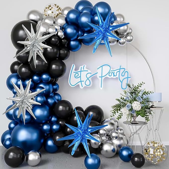 TONIFUL 8 Pcs Blue Silver Foil Balloons Large Star Balloons Explosion Star Mylar Balloons for Party Backdrop Christmas New Year Birthday Wedding Baby Shower Anniversary Photo Booth Supplies