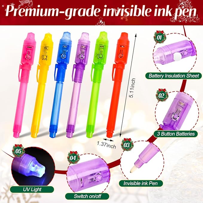 6 Pack Upgraded Invisible Ink Spy Pen with UV Light Magic Marker, for Secret Messages Kids Birthday Party Easter Halloween Christmas Goodie Bags Toys Gifts for Kids Ages 3+