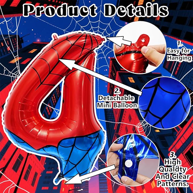 Spider Web Number 4 Balloon Birthday Decoration, Superhero Themed 40in Giant Mylar Number Party Supplies