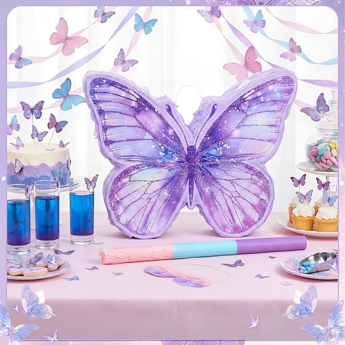 Butterfly Piñata for Birthday Party Supplies Purple Butterfly Piñata Decorations with Pink Purple Stick and Blindfold for Birthday Party Decorations Game Supplies
