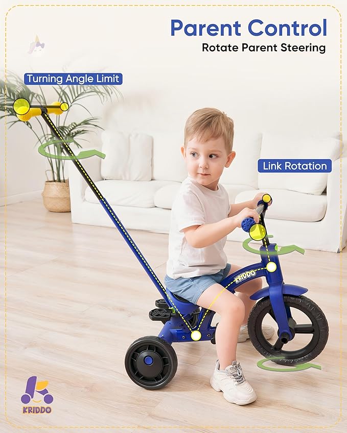KRIDDO 4-in-1 Kids Tricycle for 1.5 to 3 Yea Old with Parent Steering Push Handle, 12 Inch Front Wheel Trike, Toddler Balance Bike for Boys Girls 18 Months to 3 Years, Adjustable Height, Blue