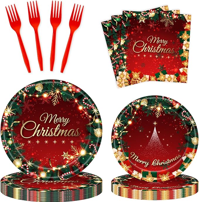 100 Pcs Merry Christmas Party Supplies - Serves 25, Red Green Holiday Disposable Tableware, Includes Paper Plates, Napkins, and Plastic Forks for Xmas Dinner, Winter Celebrations, Seasonal Decorations