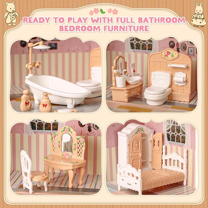 Suitcase Dollhouse Furniture Set for Kids, Mini Dollhouse Box with 2 Flexible Dolls and Bedroom&Bathroom Furnitures, Pretend Play Accessories Christmas Birthday Gift for Toddlers Ages 3+