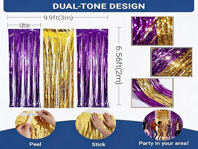 3 Packs Purple Gold Foil Fringe Curtains, Birthday Party Decorations Backdrop Tinsel Steamer, Wedding Engagement Bridal Shower Party Decorations Retirement Decor Graduation Party Backdrop