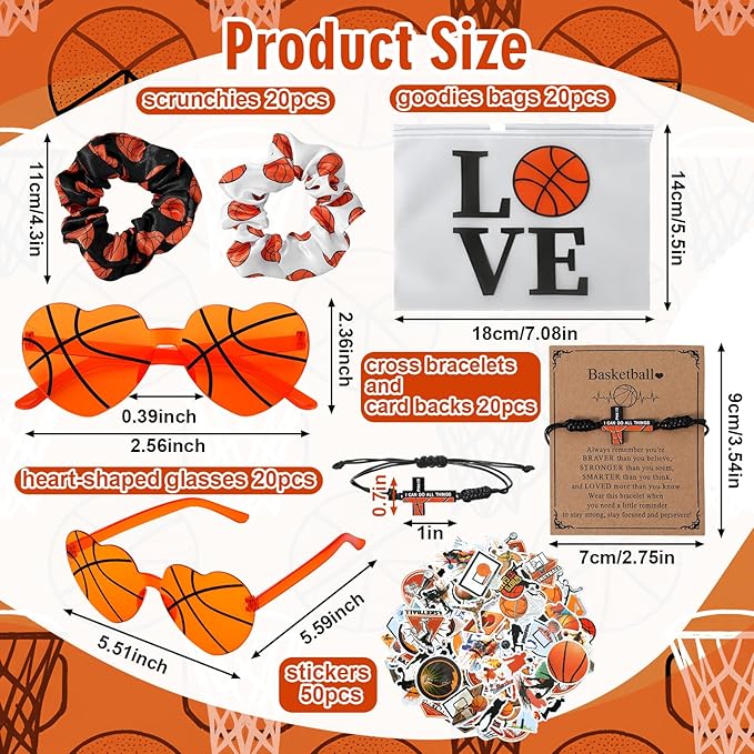 150 Pcs/20 Sets Basketball Senior Night Gifts for Girls - Basketball Team Gifts for Girls with Scrunchies Makeup Bags Sunglasses Bracelets Stickers Sport Party Favors Birthday Party Supplies