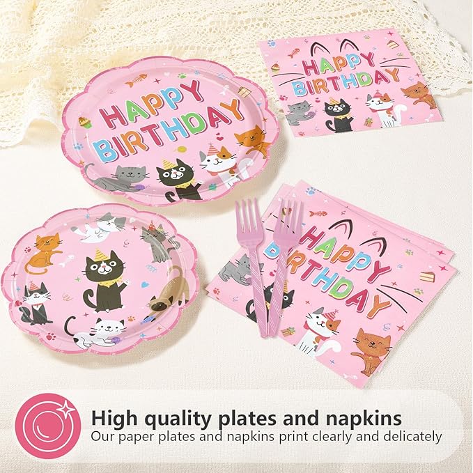 96Pcs Cat Birthday Party Supplies Cats Themed Plates and Napkins Pink Kitten Happy Birthday Tableware Set for Girls Pink Cat Baby Shower Party Supplies Serves 24
