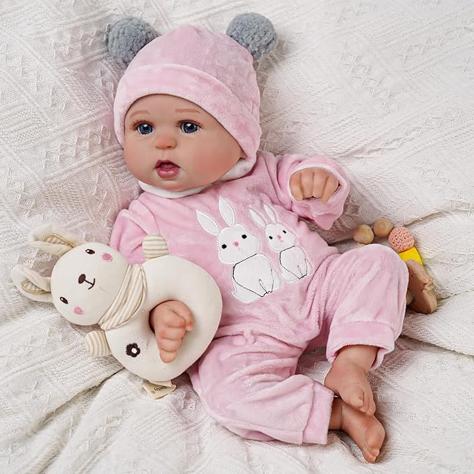 BABESIDE 2 Pcs Reborn Baby Doll Clothes with Hat for 17-22 Inch Babydolls, Cute Bunny Pattern Baby Dolls Outfits Doll Accessories fit Realistic Babydoll Girls, Pink