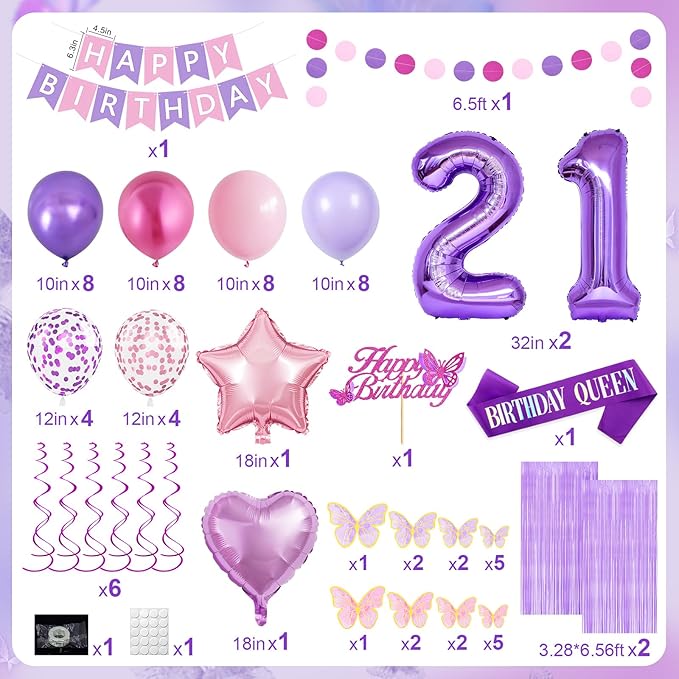 21st Purple Birthday Decorations for Women, Pink and Purple Happy 21 Birthday Party Decorations with Happy Birthday Banner, Number Foil Balloons, Butterfly Cake Topper for 21st Party Supplies