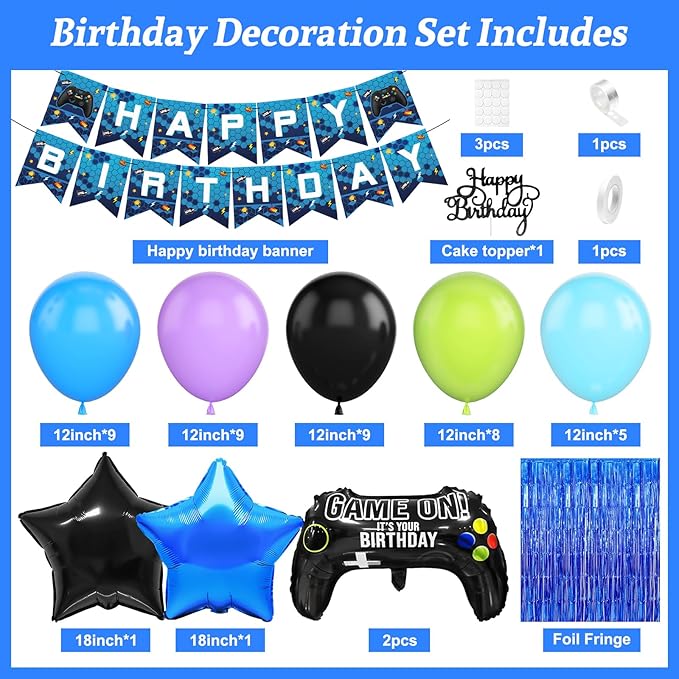 Video Game Theme Party Decorations, Black Blue Purple Green Balloons Happy Birthday Banner Cake Topper Game Foil Balloon Blue Fringe Curtain for Kids Boys Men Birthday Party Decor