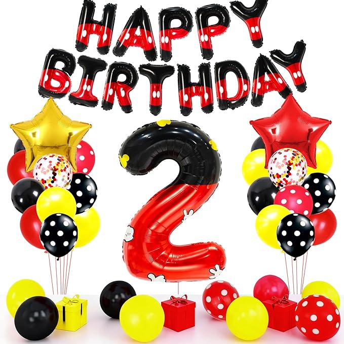 YIIHMEI Oh Twodles Mouse Balloons Birthday Decorations Toodles Party Supplies Boy Red And Black Foil Balloon Banner 40inch Number 2